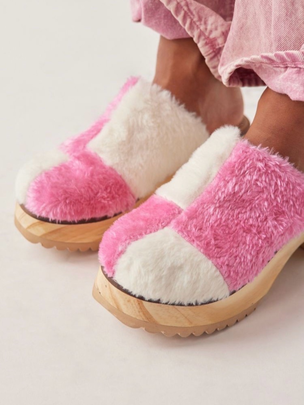 Urban Outfitters Plush Two-Tone Pink and Cream Women's Slip-On Clog